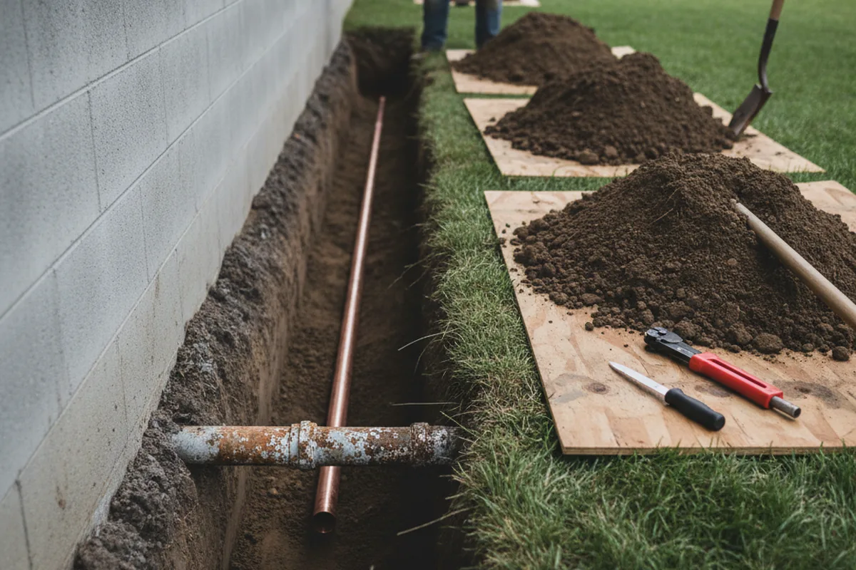 Excavated water line trench during Water Softener Installation in Rifton